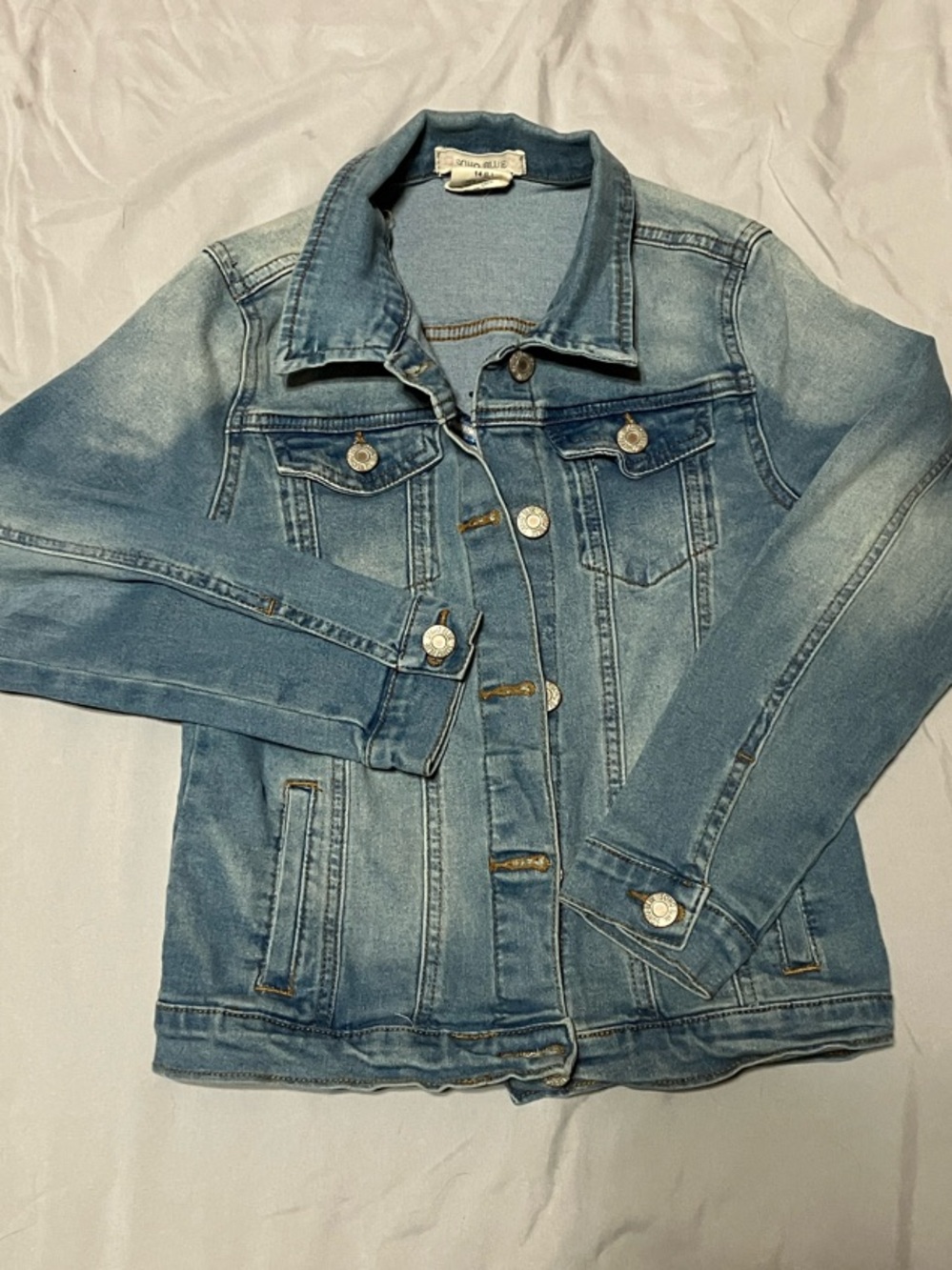 Girls Light Blue Denim Jean Jacket - Embroidered Blue Butterfly